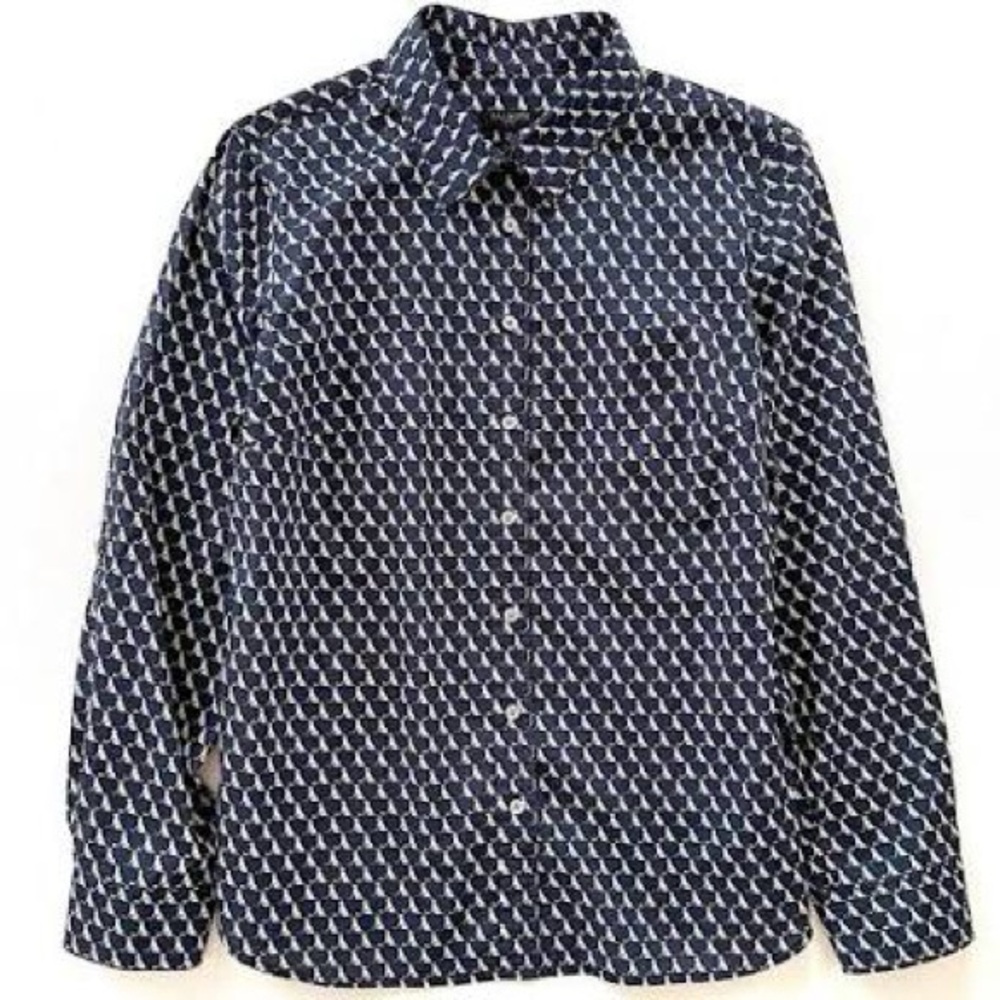 Talbots Dog Print Button Up Collar Cotton Long Roll Tab Sleeve Navy